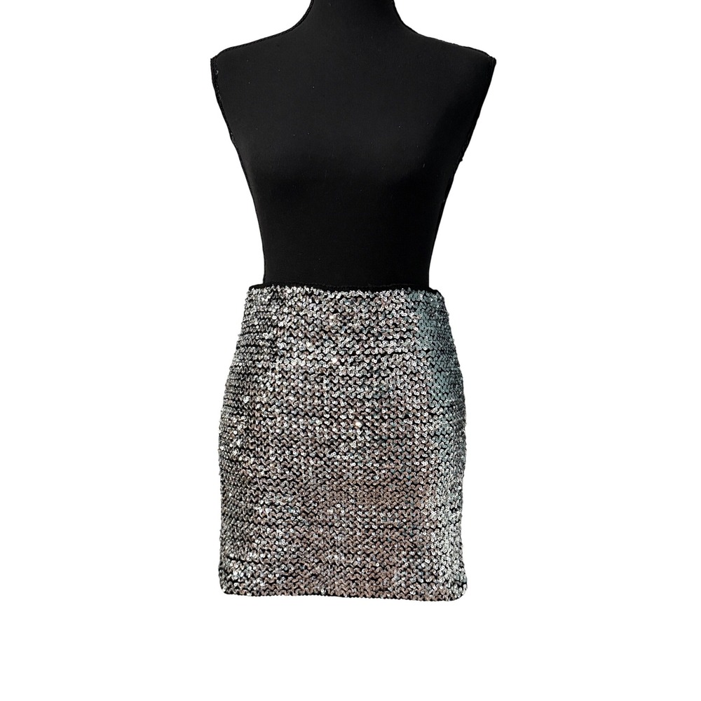 Silver Sequin Bodycon Mini Skirt Party NYE Festival Stretch Anna Kaci SZ M/L
